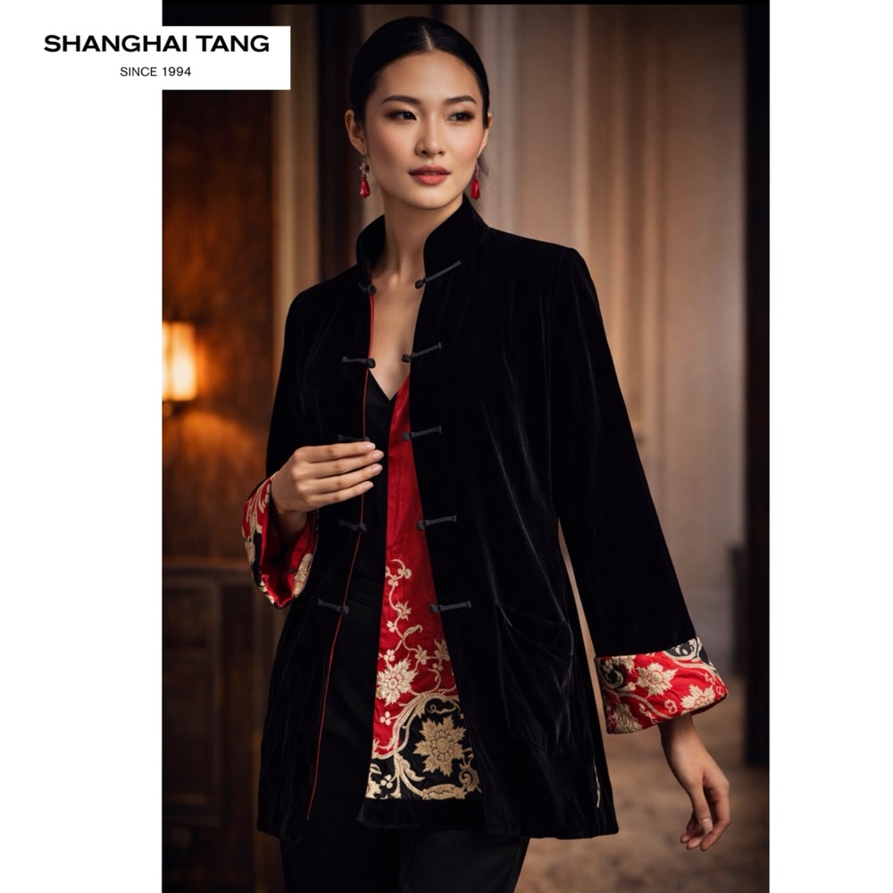 Shanghai Tang Black Velvet Chinese Mandarin Jacket Silk Embroidered Lining US 14 - Picture 2 of 16